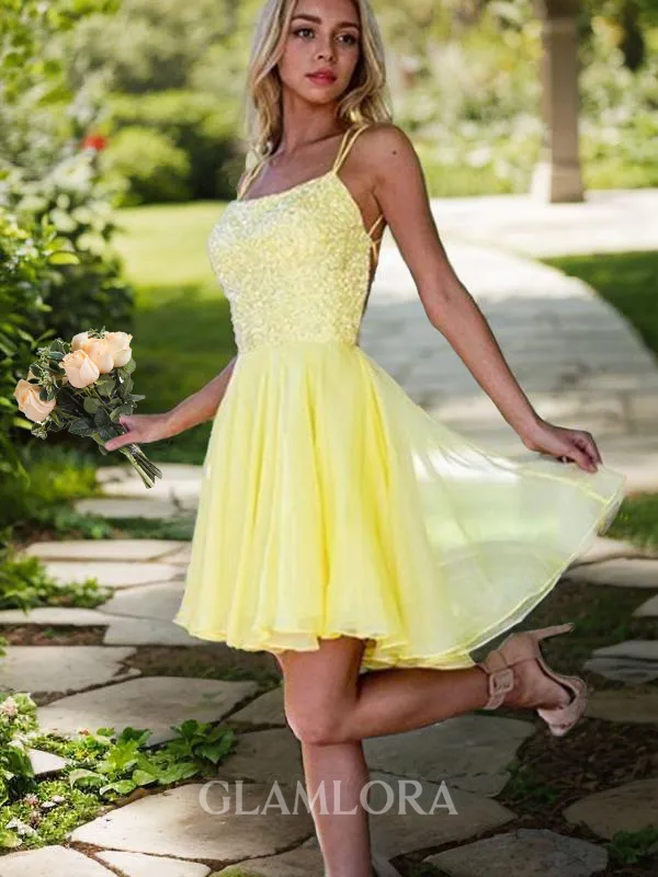 A-line Charming Spaghetti Straps Sleeveless Chiffon Short/Mini Homecoming Dress With Lace