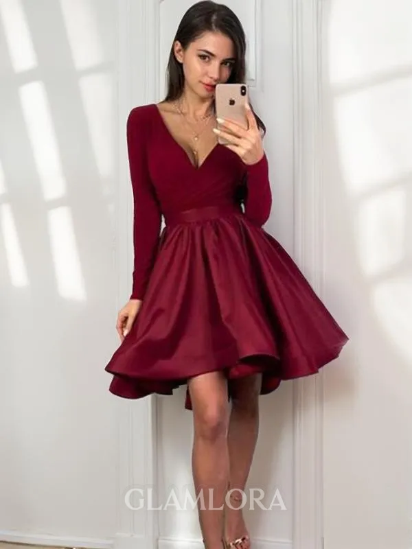 A-line V-Neck Stunning Long Sleeves Satin Short/Mini Homecoming Dress