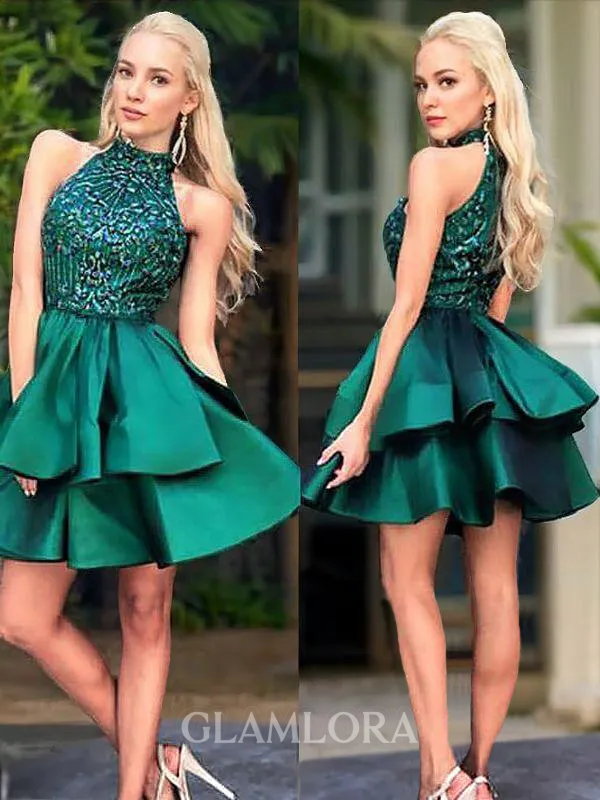A-line Jewel Sleeveless Dreamy Satin Short/Mini Homecoming Dress