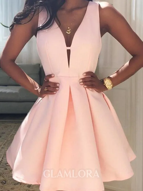Fashion A-line V-Neck Sleeveless Satin Short/Mini Homecoming Dress With Beading