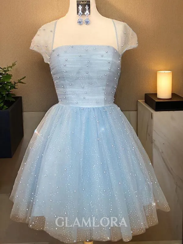 A-line Strapless Short Sleeves Tulle Unique Short/Mini Homecoming Dress