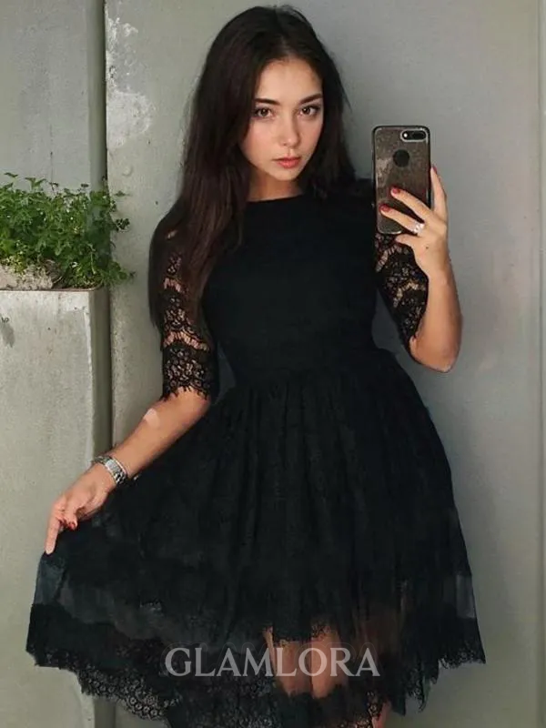 A-line Scoop 1/2 Sleeves Lace Short/Mini Homecoming Dress