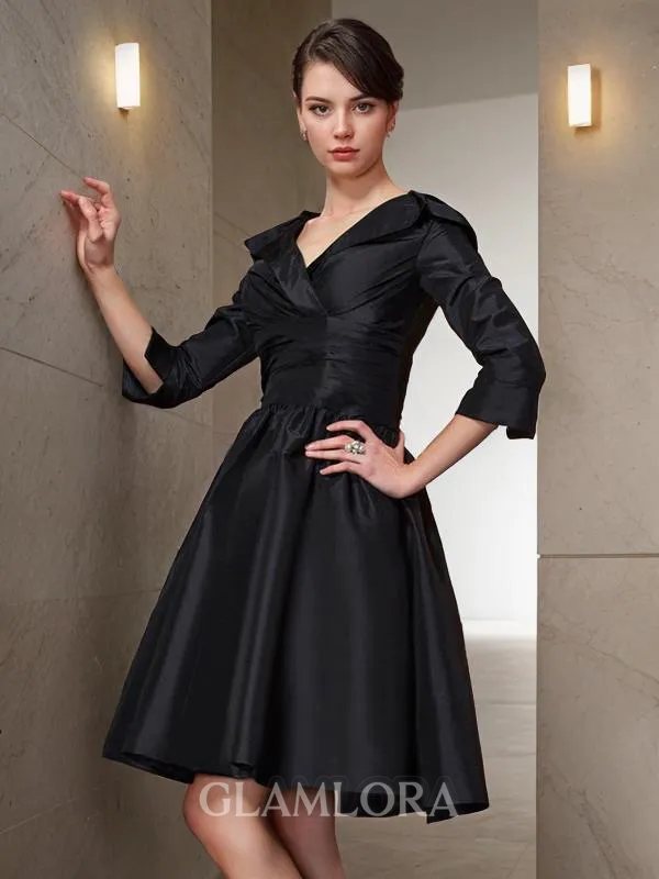 A-line V-Neck Exquisite 3/4 Sleeves Taffeta Short/Mini Homecoming Dress With Rhinestone