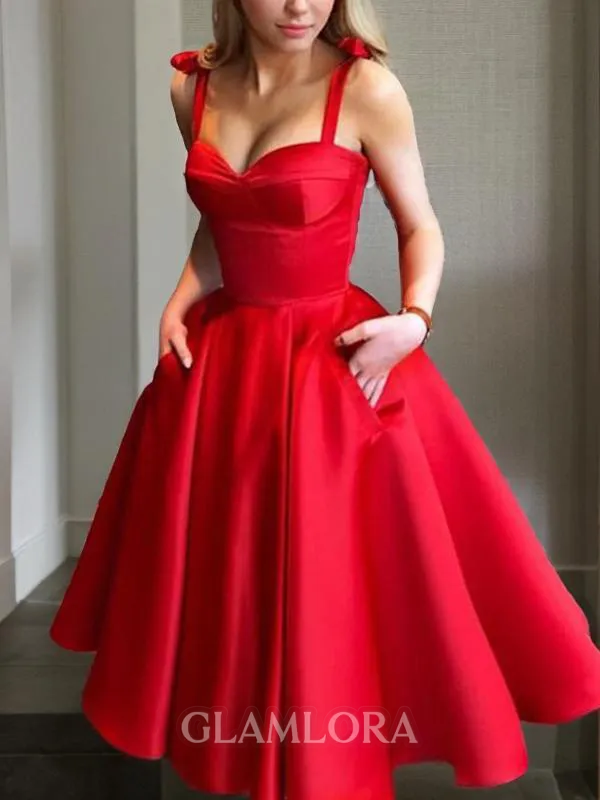 A-line Straps Sleeveless Satin Dazzling Tea-Length Homecoming Dress With Paillette