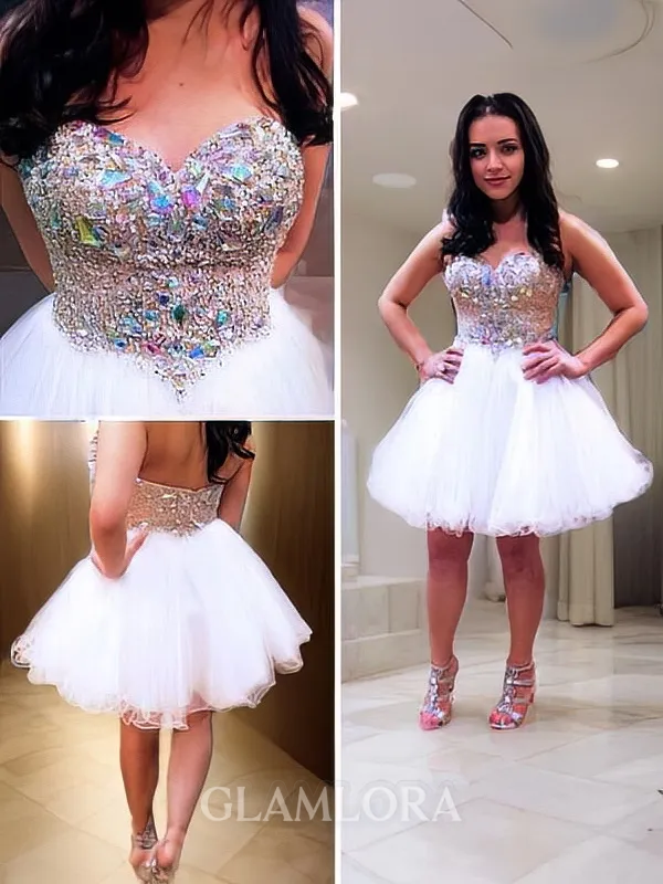 A-line Sweetheart Sleeveless Classic Tulle Short/Mini Homecoming Dress With Lace