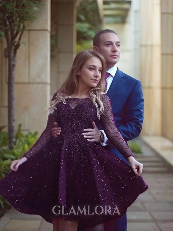 A-line Scoop Long Sleeves Timeless Lace Short/Mini Homecoming Dress With Lace