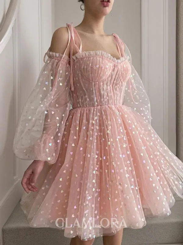 A-line Spaghetti Straps Long Sleeves Modest Short/Mini Homecoming Dress