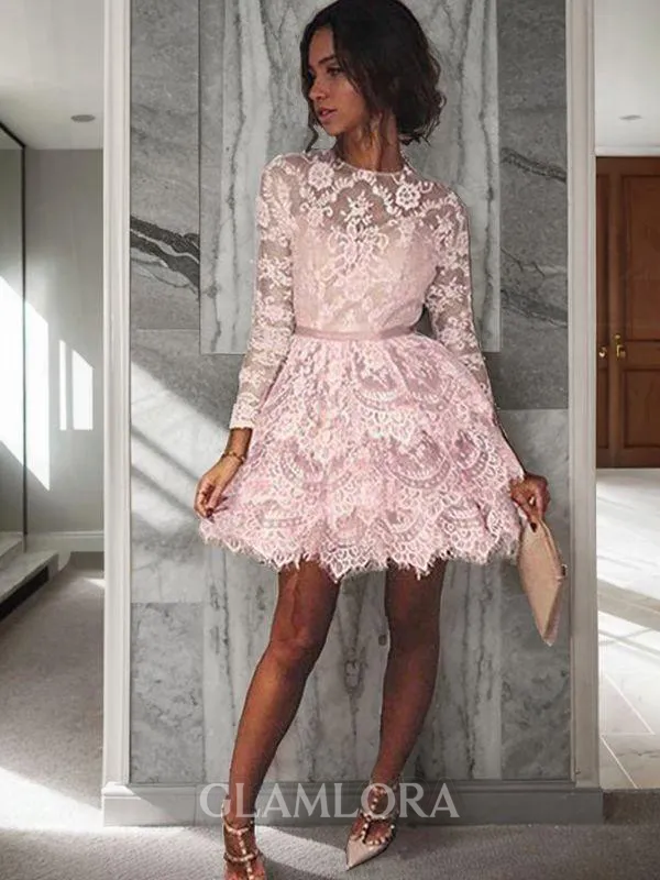 Chic A-line Bateau Long Sleeves Lace Short/Mini Homecoming Dress With Ruffles