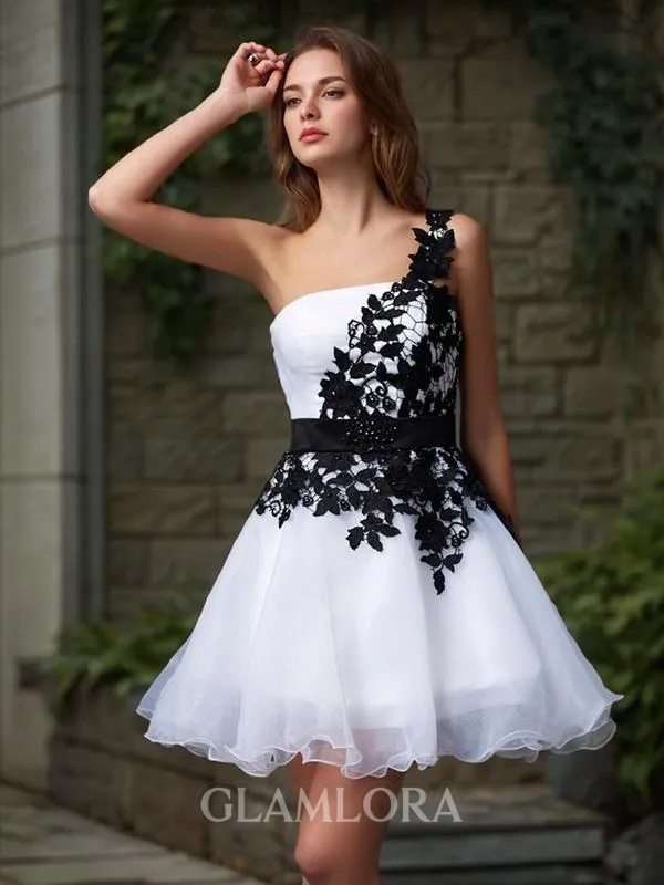 A-line One-Shoulder Simple Sleeveless Organza Short/Mini Homecoming Dress With Applique