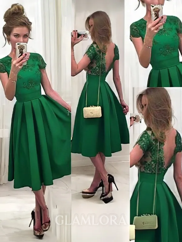 A-line Scoop Short Sleeves Sophisticated Satin Short/Mini Homecoming Dress With Applique