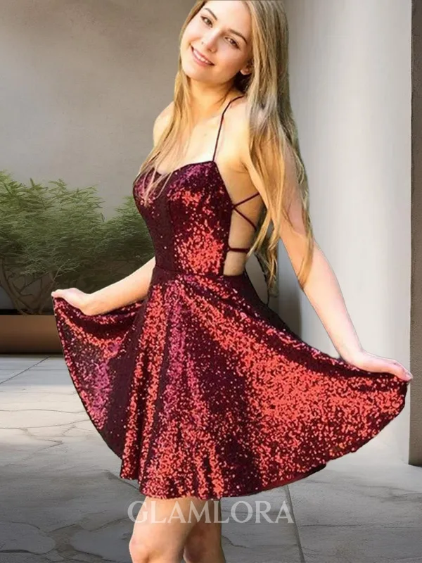 A-line Spaghetti Straps Sleeveless Sequins Coruscating Short/Mini Homecoming Dress With Ruched