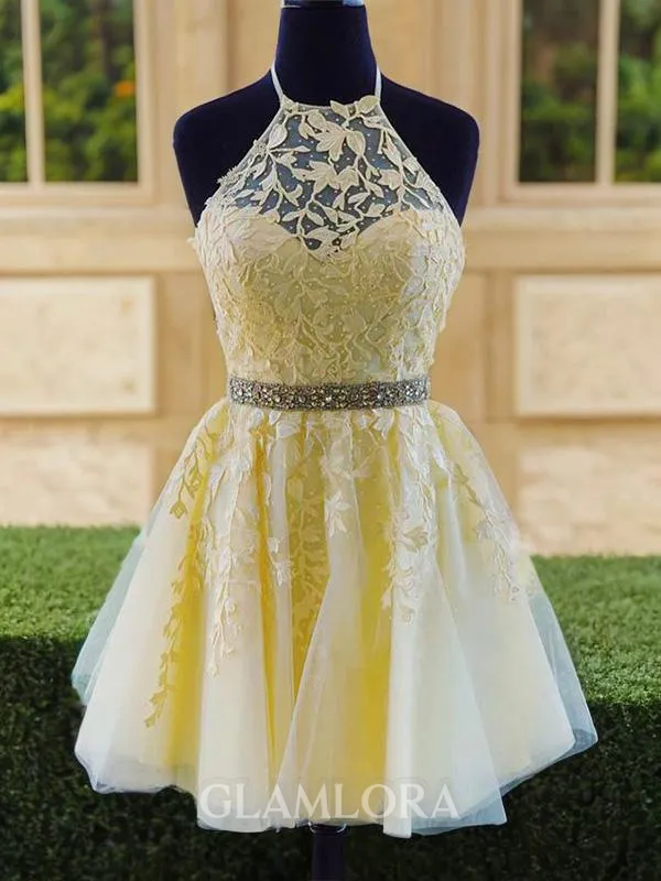 Subtle A-line Halter Sleeveless Tulle Short/Mini Homecoming Dress With Beading