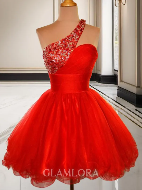 A-line Charming One-Shoulder Sleeveless Tulle Short/Mini Homecoming Dress With Applique
