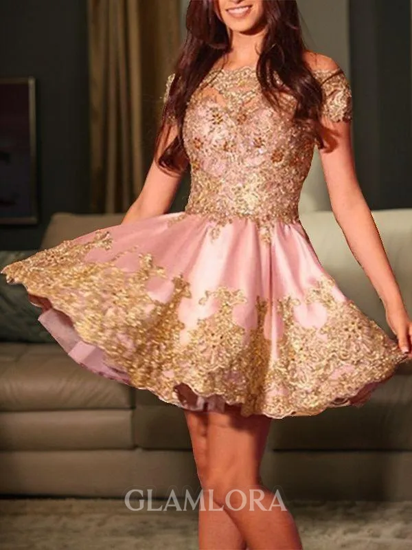 A-line Off-the-Shoulder Sleeveless Dreamy Satin Short/Mini Homecoming Dress With Beading