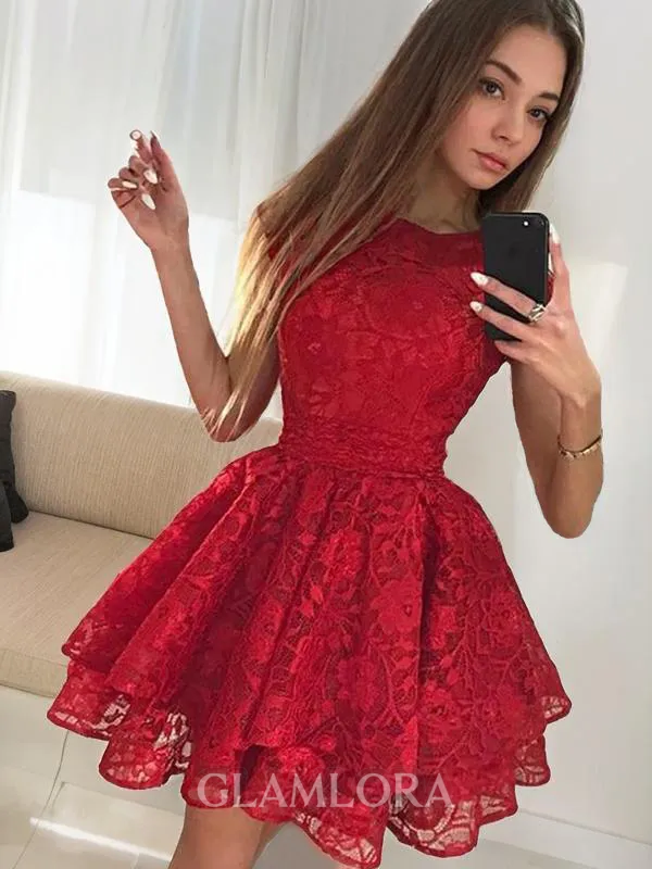 A-line Scoop Sleeveless Lace Short/Mini Homecoming Dress With Beading