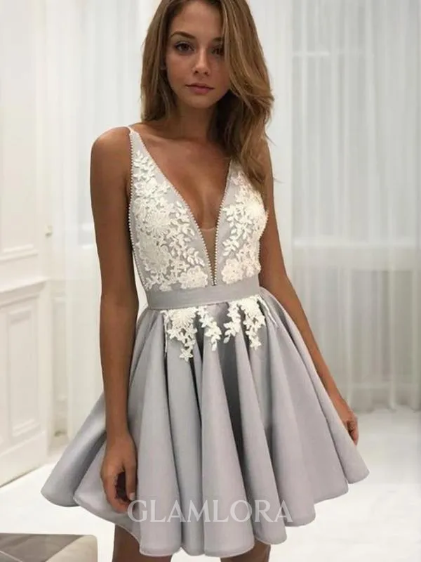 Fashion A-line V-Neck Sleeveless Satin Short/Mini Homecoming Dress