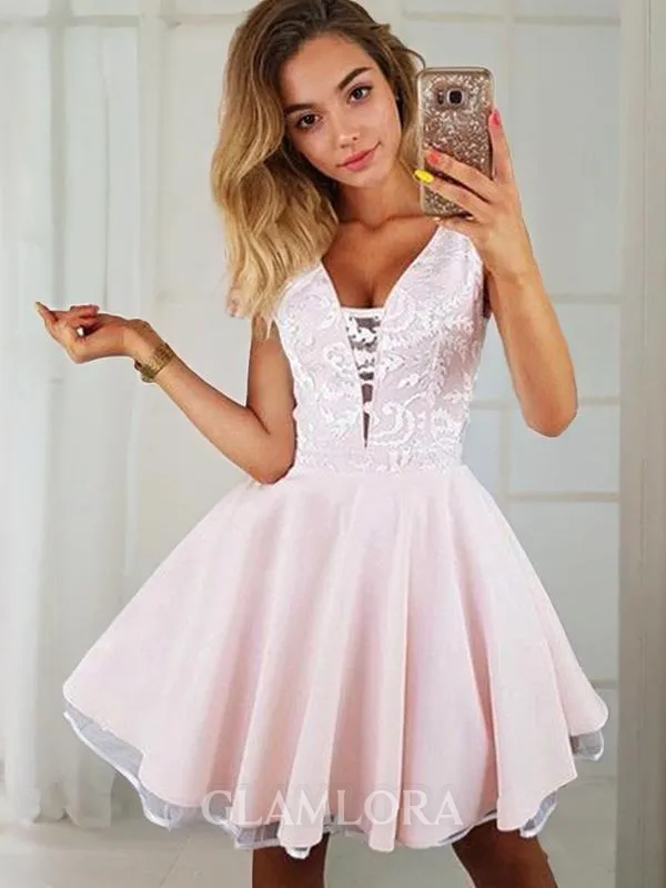 A-line V-Neck Sleeveless Satin Classy Short/Mini Homecoming Dress With Lace
