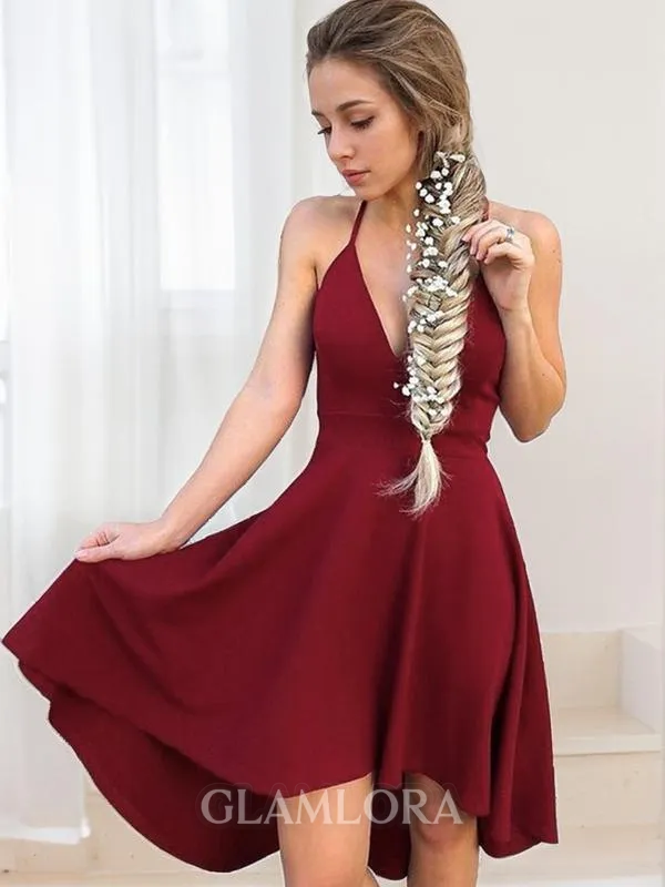 A-line Halter Sleeveless Stretch Crepe Knee-Length Flattering Homecoming Dress With Beading