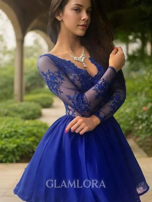 Graceful A-line V-Neck Long Sleeves Chiffon Short/Mini Homecoming Dress With Beading