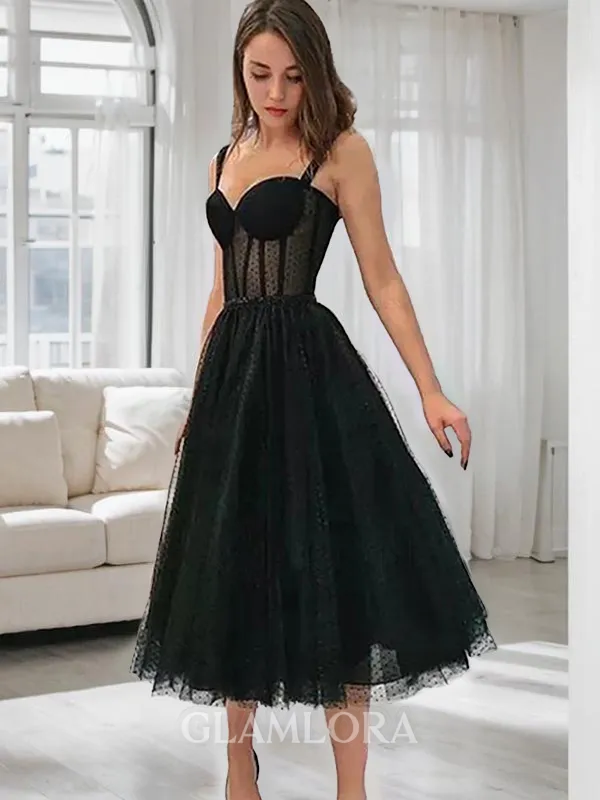 A-line Straps Sleeveless Flowing Lace Tea-Length Corset Homecoming Dress