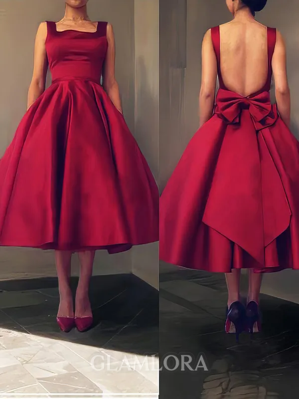 A-line Square Sleeveless Satin Tea-Length Homecoming Dress With Pearls