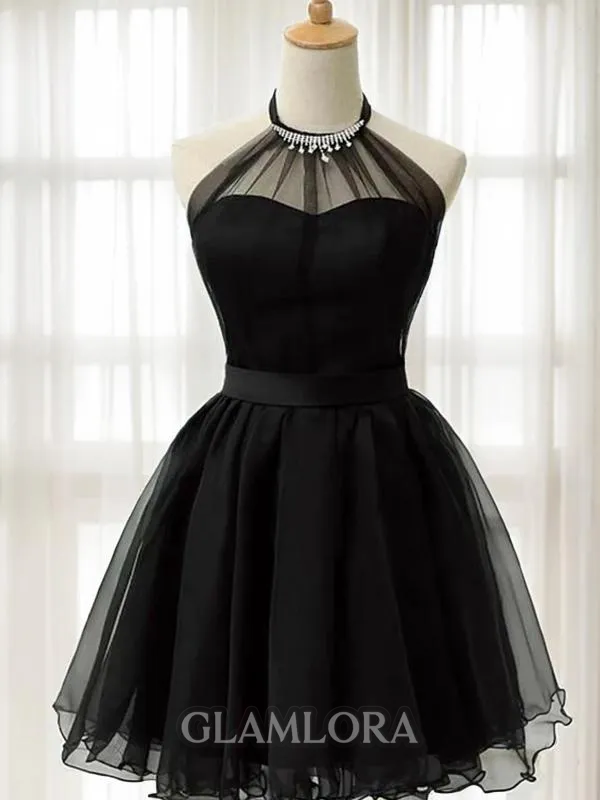 Delicate A-line Halter Sleeveless Tulle Short/Mini Homecoming Dress With Beading