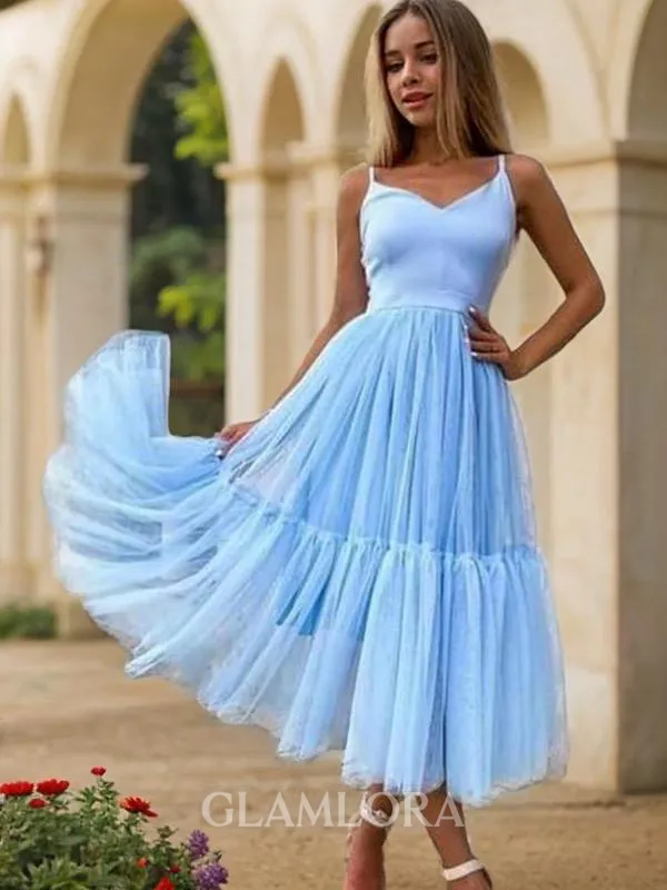 A-line Balanced V-Neck Sleeveless Tulle Tea-Length Homecoming Dress With Beading