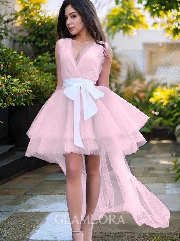 A-line V-Neck Refined Sleeveless Tulle Short/Mini Homecoming Dress With Beading