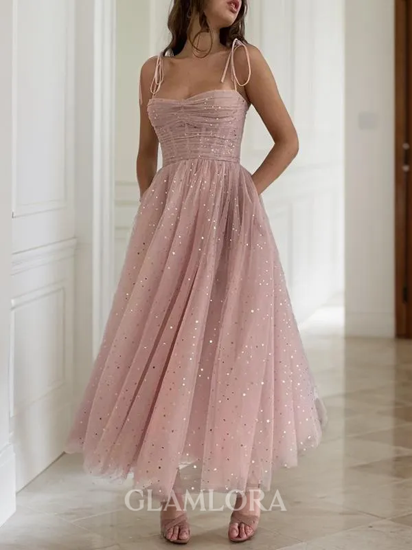 A-line Spaghetti Straps Sleeveless Ankle-Length Chic Corset Homecoming Dress With Beading