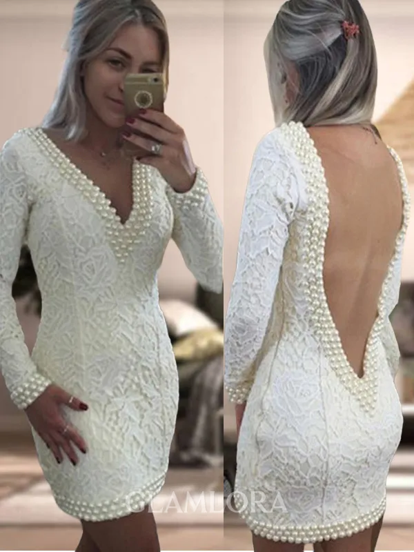 Charming A-line V-Neck Long Sleeves Lace Short/Mini Homecoming Dress