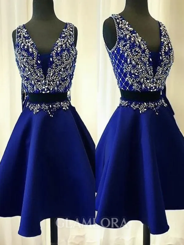 A-line V-Neck Sleeveless Trendy Satin Short/Mini Homecoming Dress