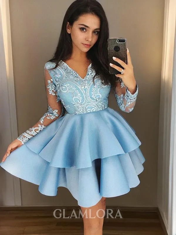 A-line V-Neck Long Sleeves Satin Fashion Short/Mini Homecoming Dress