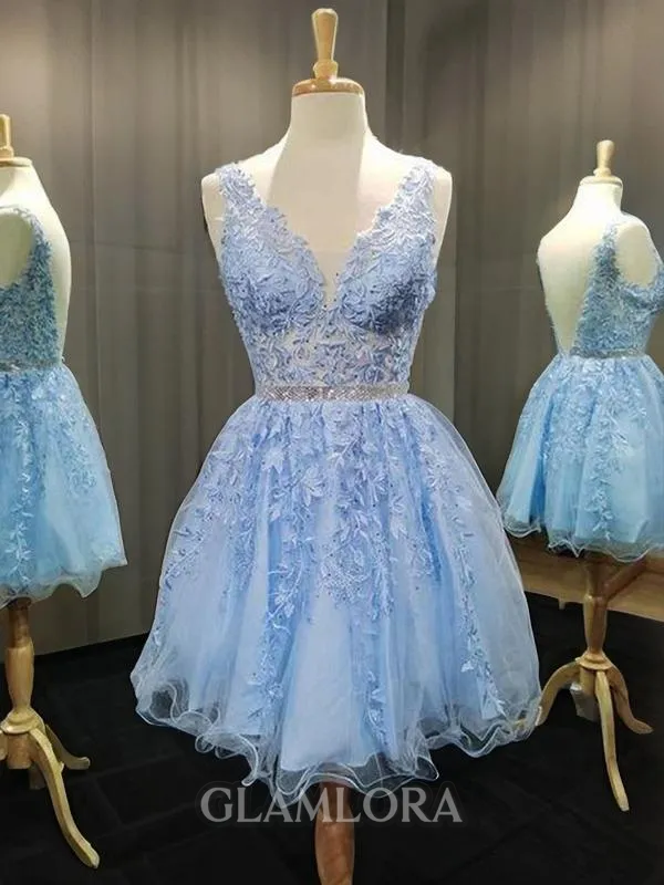 A-line V-Neck Sleeveless Tulle Exquisite Short/Mini Homecoming Dress With Ruffles