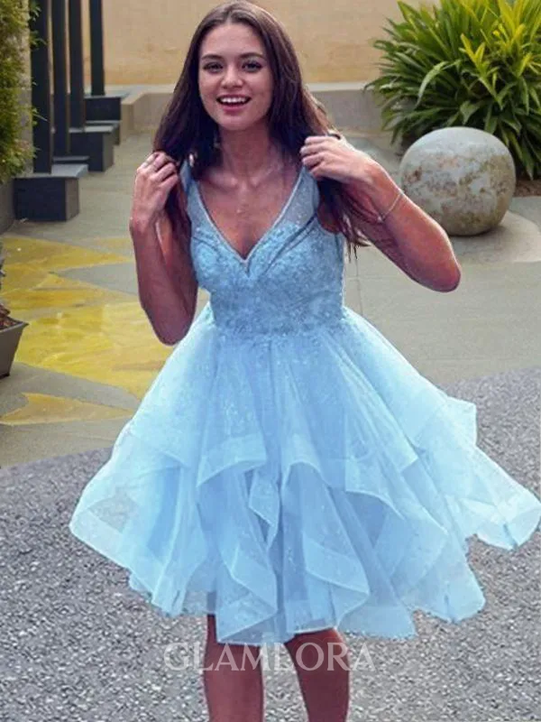 Classy A-line V-Neck Sleeveless Tulle Short/Mini Homecoming Dress With Pearls