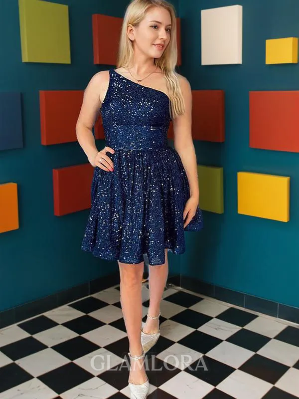 A-line One-Shoulder Sleeveless Shiny Sequins Short/Mini Homecoming Dress With Beading