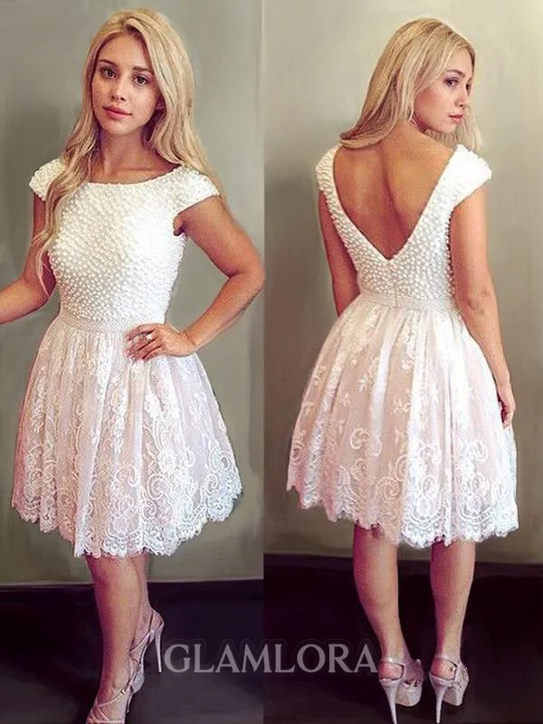 A-line Scoop Stylish Short Sleeves Lace Short/Mini Homecoming Dress With Sash