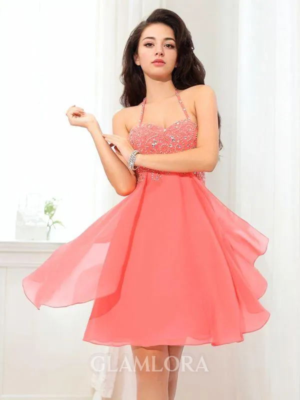 A-line Halter Sleeveless Chiffon Short/Mini Homecoming Dress With Beading