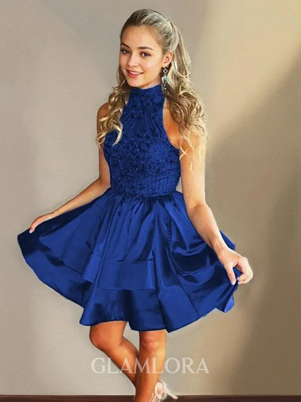 A-line High Neck Sleeveless Elegant Satin Short/Mini Homecoming Dress