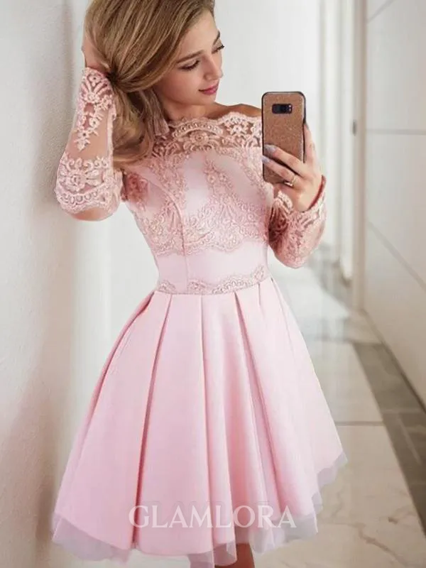 Dreamy A-line Off-the-Shoulder Long Sleeves Satin Short/Mini Homecoming Dress