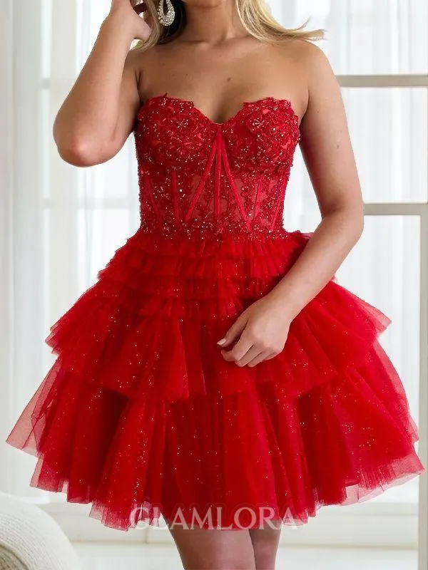 A-line Sweetheart Glamorous Tulle Corset Short/Mini Homecoming Dress With Applique