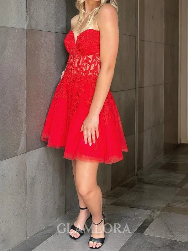 A-line Exquisite Sweetheart Tulle Corset Short/Mini Homecoming Dress With Applique