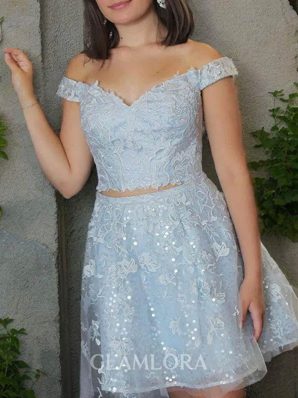 A-line Off-the-Shoulder Opulent Lace Short/Mini Homecoming Dress With Applique