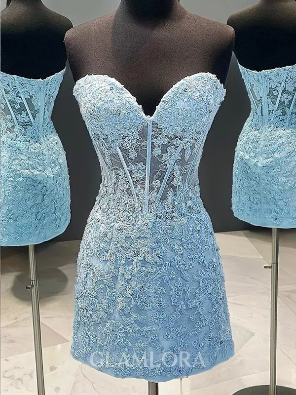 A-line Sweetheart Exquisite Lace Corset Short/Mini Homecoming Dress With Applique