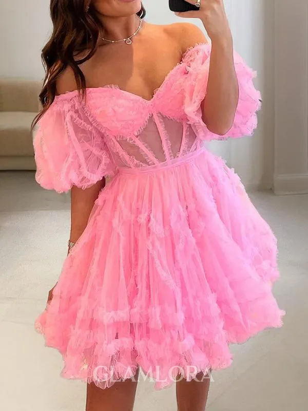 A-line Magnificent Off-the-Shoulder Short Sleeves Tulle Corset Short/Mini Homecoming Dress With Ruffles