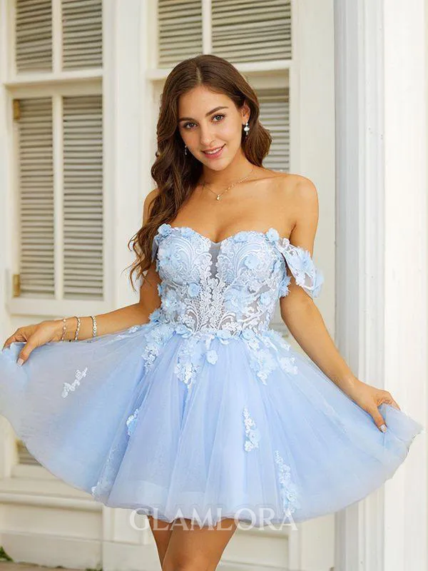 A-line Off-the-Shoulder Balanced Sleeveless Short/Mini Tulle Homecoming Dresses