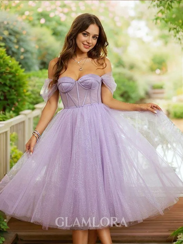 A-line Off-the-Shoulder Flowing Sleeveless Tea-Length Tulle Homecoming Dresses