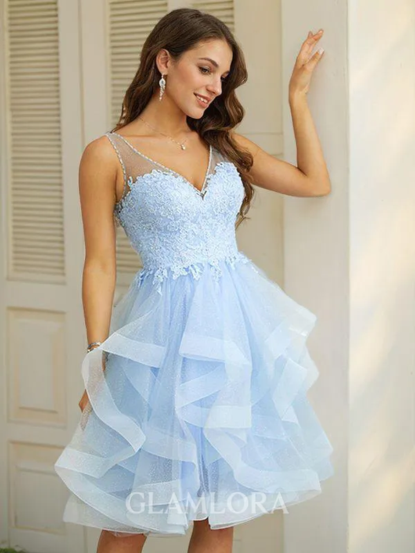 A-line V-Neck Modest Sleeveless Knee-Length Homecoming Dresses