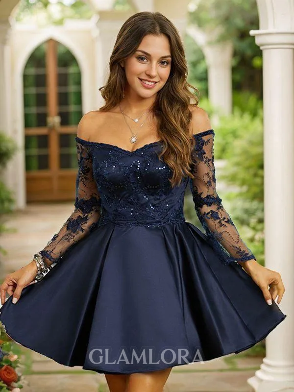 A-line Off-the-Shoulder Classy Long Sleeves Short/Mini Satin Homecoming Dresses