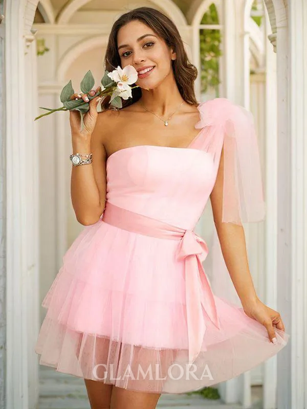 A-line One-Shoulder Delicate Sleeveless Short/Mini Tulle Homecoming Dresses