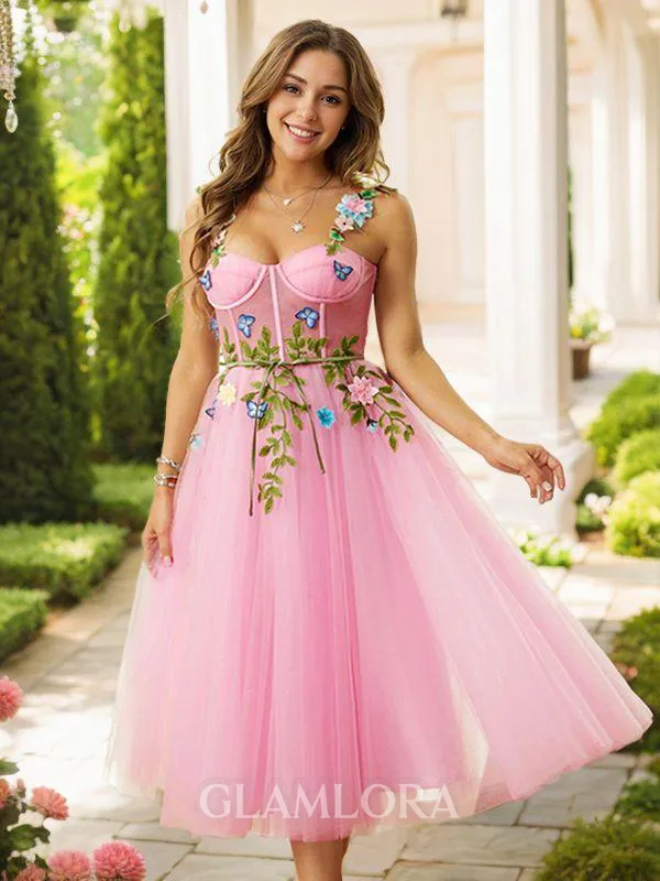 A-line Spaghetti Straps Pretty Sleeveless Tea-Length Tulle Homecoming Dresses